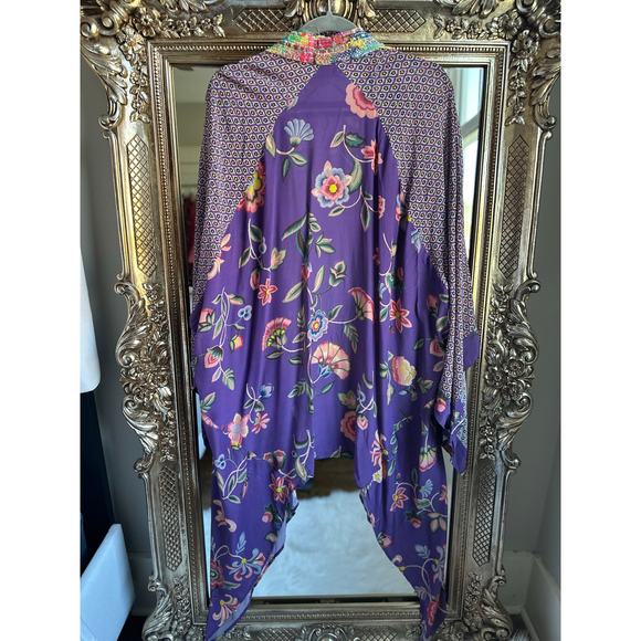 Anjuna Silk Purple Floral Print Multicolor Trim Robe Small - Picture 1 of 7
